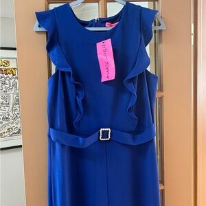 Betsey Johnson Blue Ruffle Sheath Pants Jumpsuit with Pearl Buckle